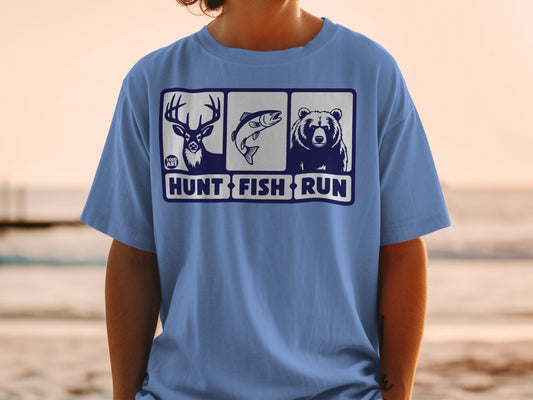Hunt Fish Run Deer Fish Bear Blue Graphic T-Shirt