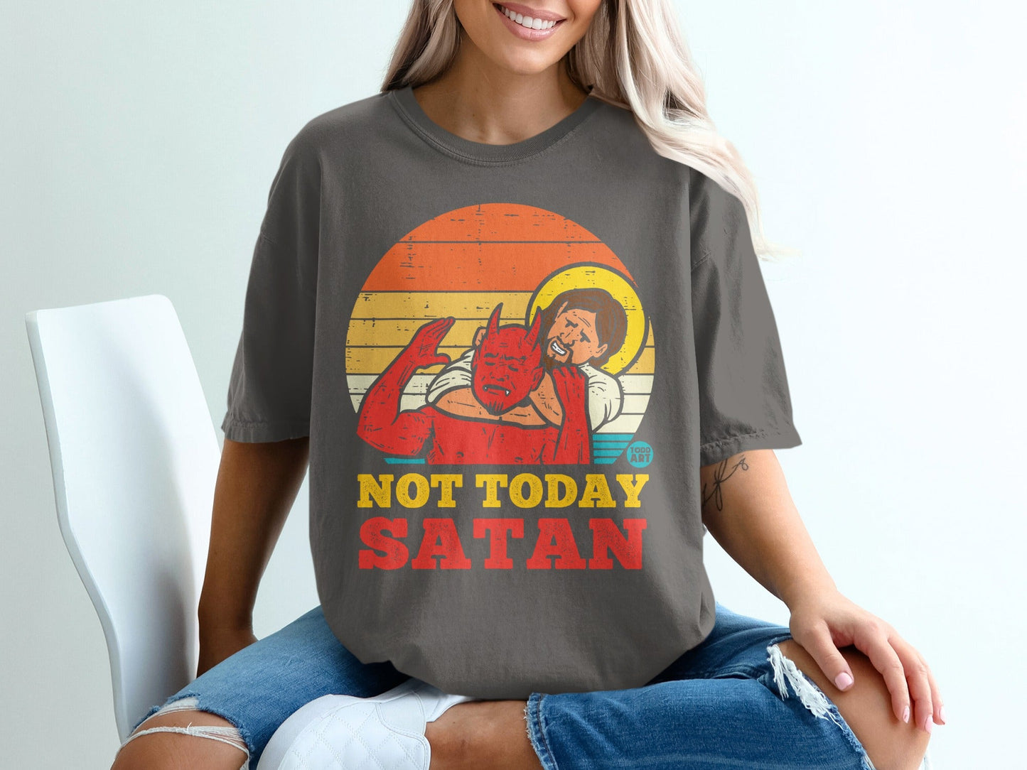 Jesus with halo strangles devil; "NOT TODAY SATAN" text.