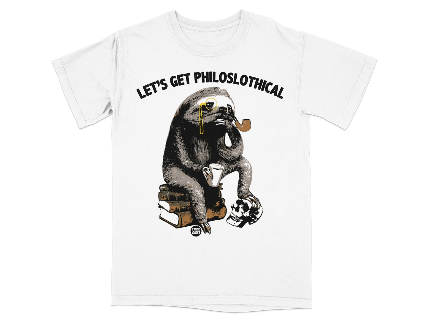 T-shirt with sloth wearing monocle and smoking pipe, sitting on books with skull.