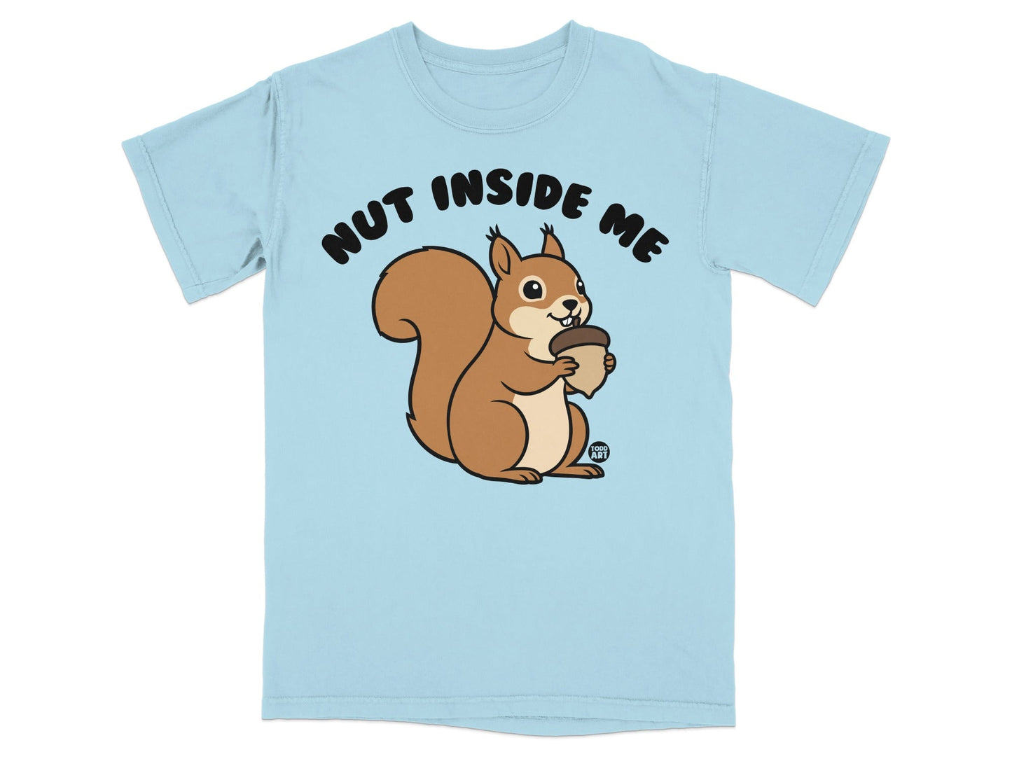 Cartoon squirrel holding an acorn with "Nut Inside Me" text.
