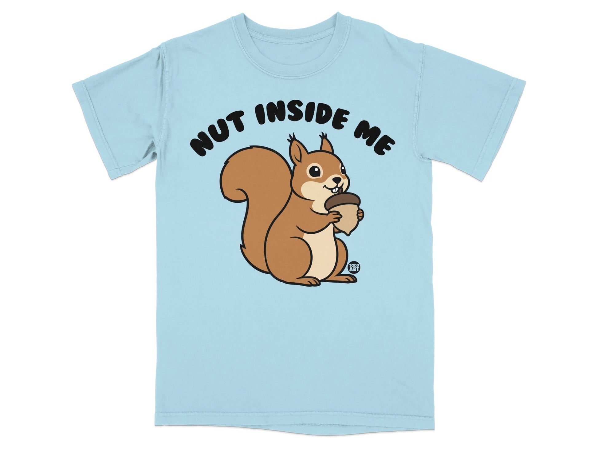 Cartoon squirrel holding an acorn with "Nut Inside Me" text.