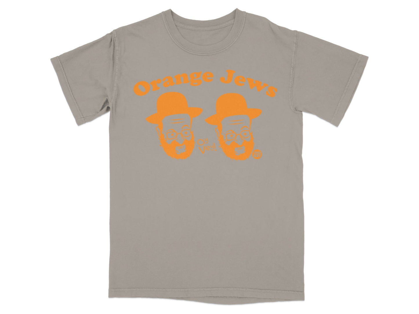 Grey t-shirt with orange cartoon faces and "Orange Jews" text.
