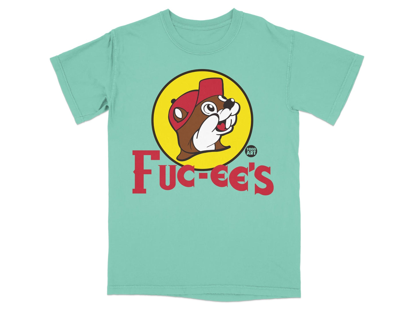 Buc-ee's logo with beaver mascot on a teal t-shirt.