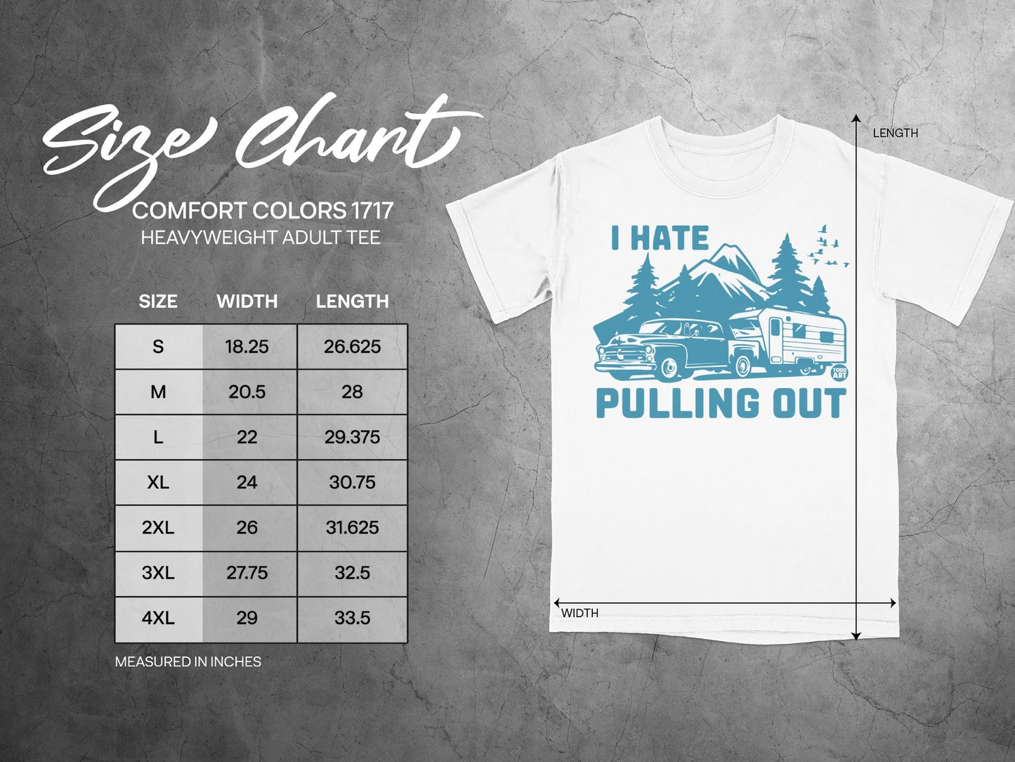 Comfort Colors 1717 size chart for heavyweight adult tee, with measurements.