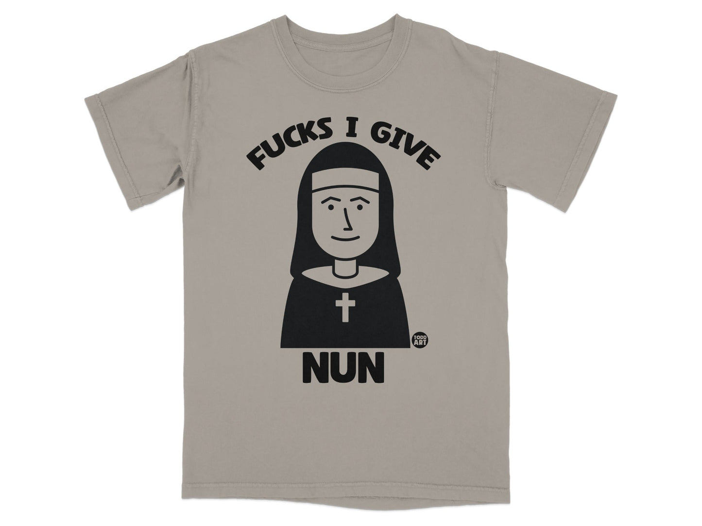 Nun graphic t-shirt with "FUCKS I GIVE NUN" text.
