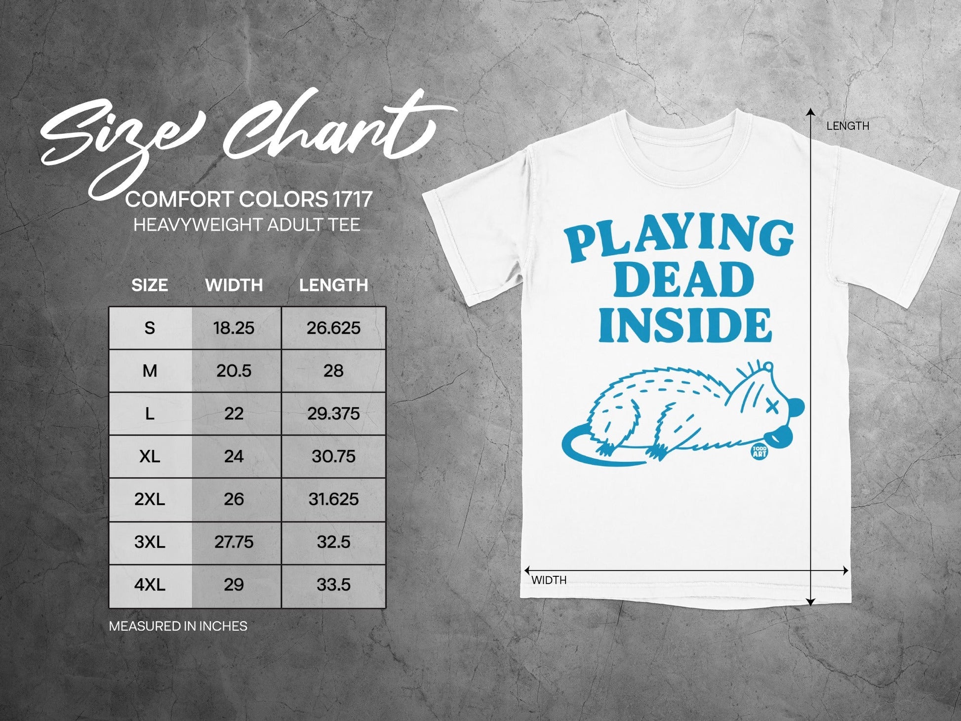 Comfort Colors 1717 size chart for heavyweight adult tee with measurements.