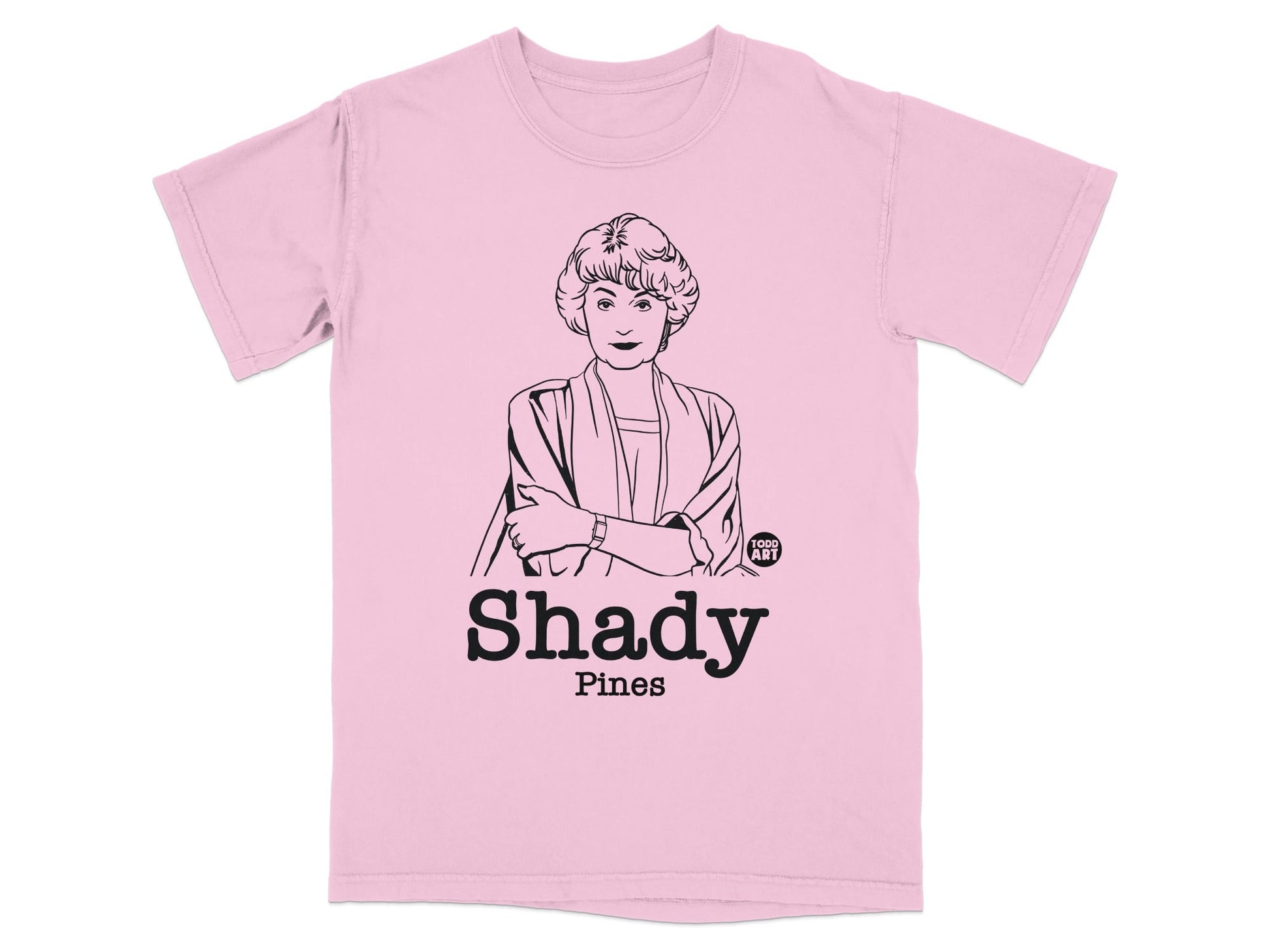 Pink t-shirt with a black line drawing of a woman and "Shady Pines" text.