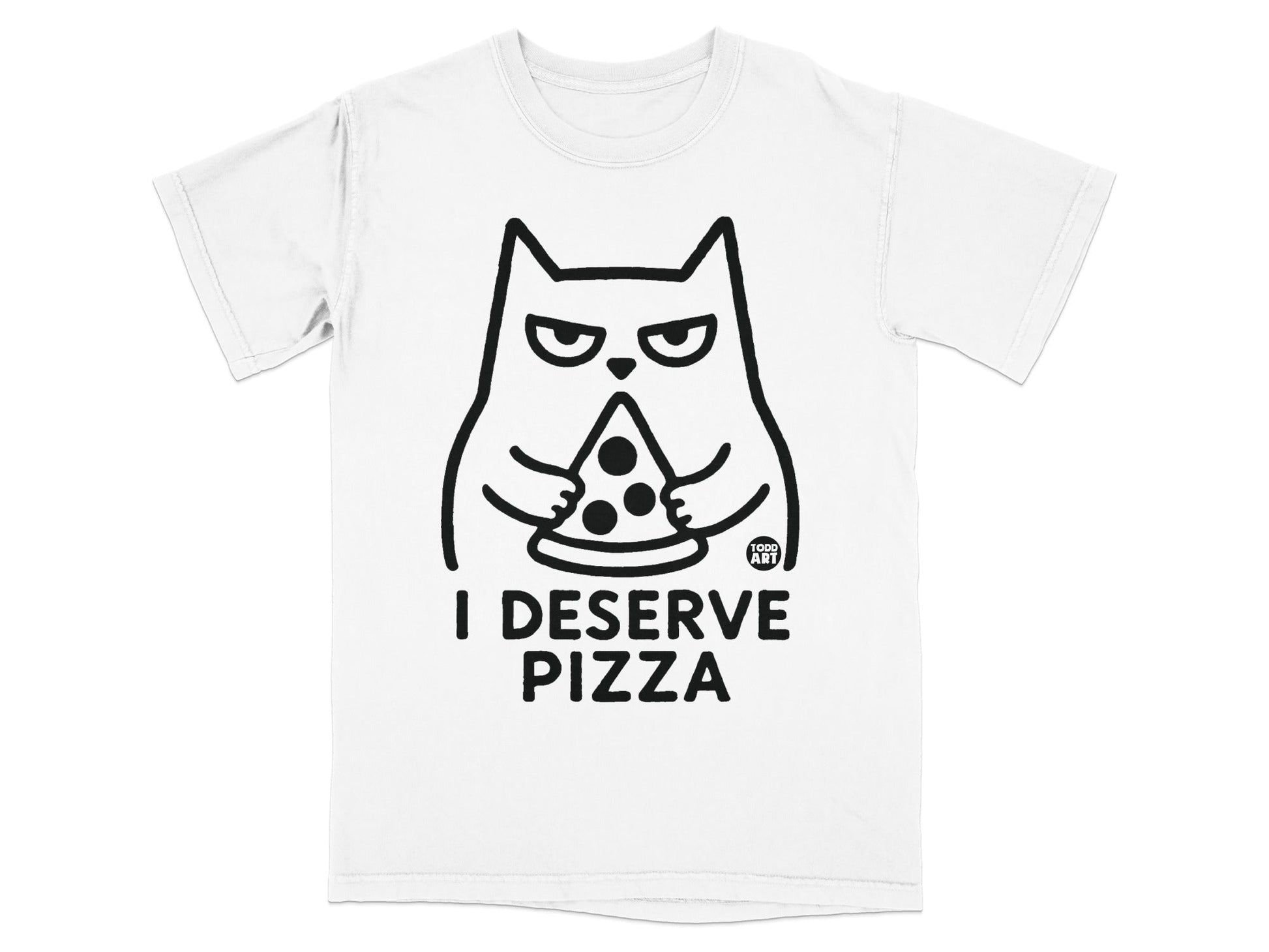 White t-shirt with a black line drawing of a grumpy cat holding a slice of pizza.