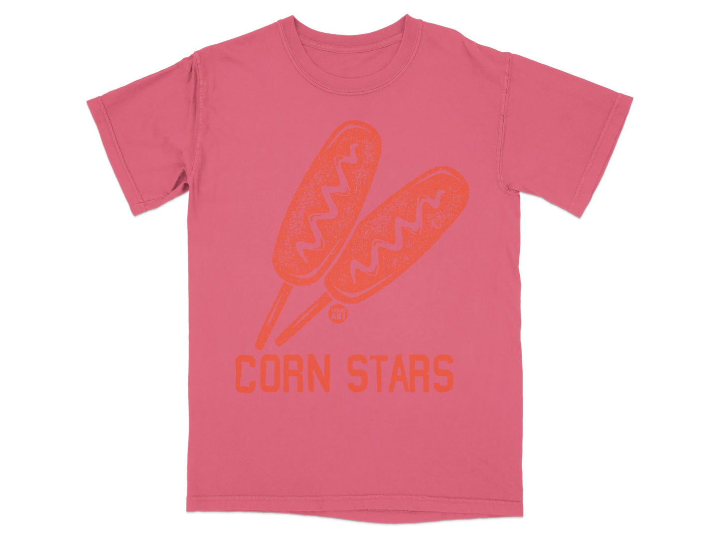 Pink t-shirt with graphic of two corndogs and "CORN STARS" text.