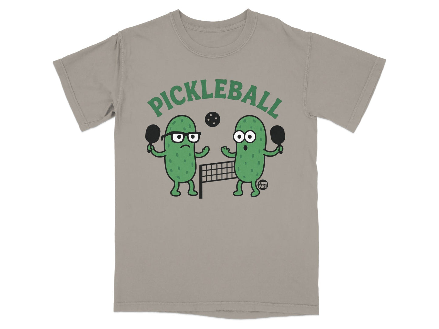 Two cartoon pickles playing pickleball with paddles and a net.