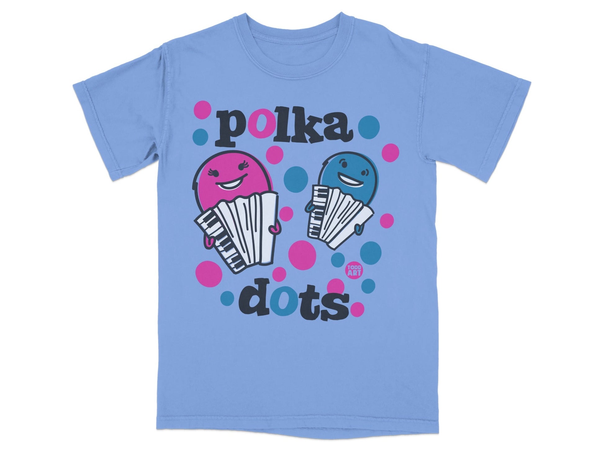 Blue t-shirt with cartoon accordions and "polka dots" text.