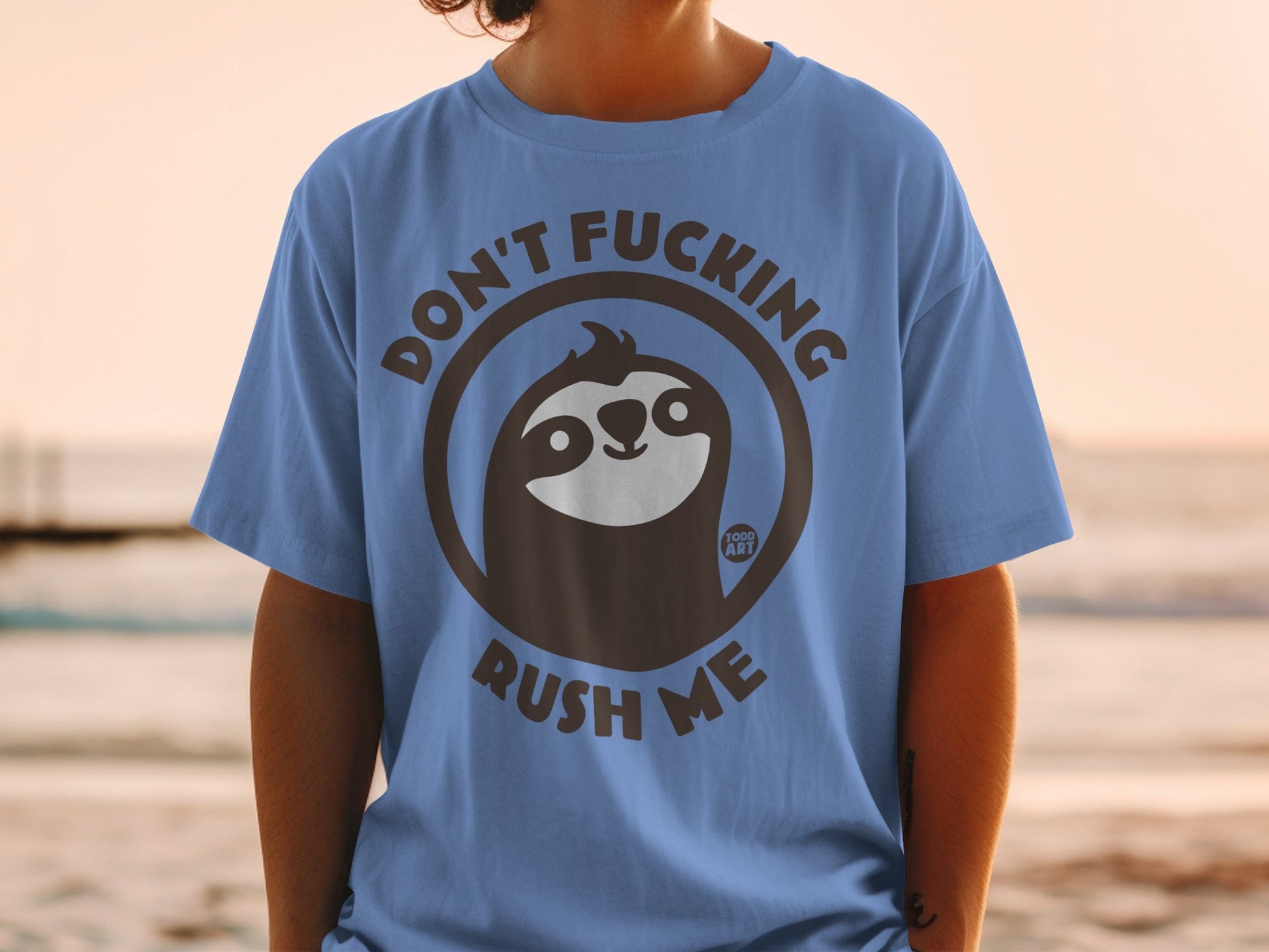 Blue t-shirt with a sloth graphic and "DON'T FUCKING RUSH ME" text.