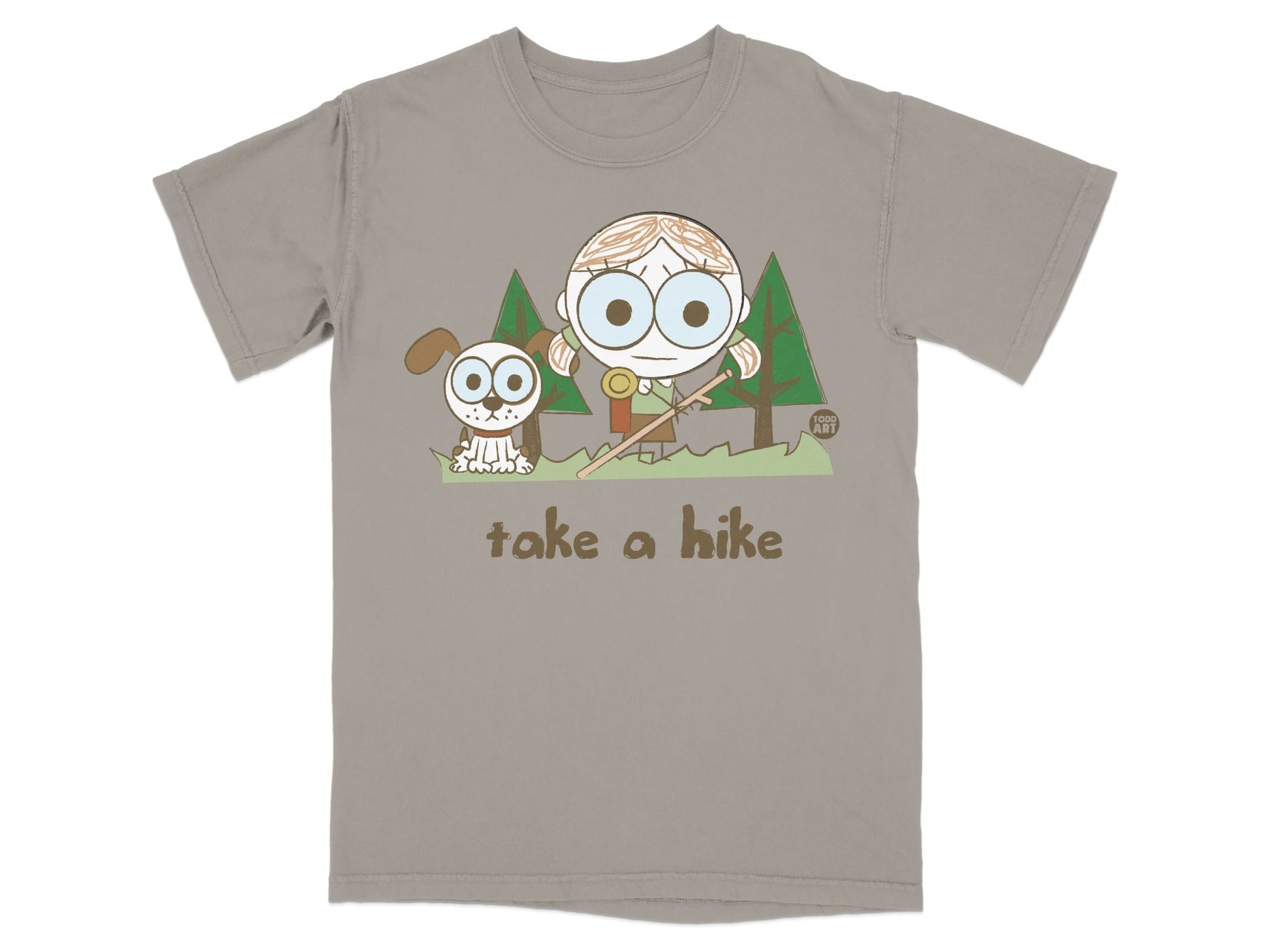 Take a hike character and dog graphic T-shirt