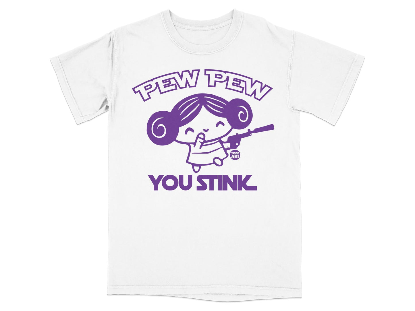White t-shirt with "Pew Pew You Stink" graphic and cartoon character holding a gun.