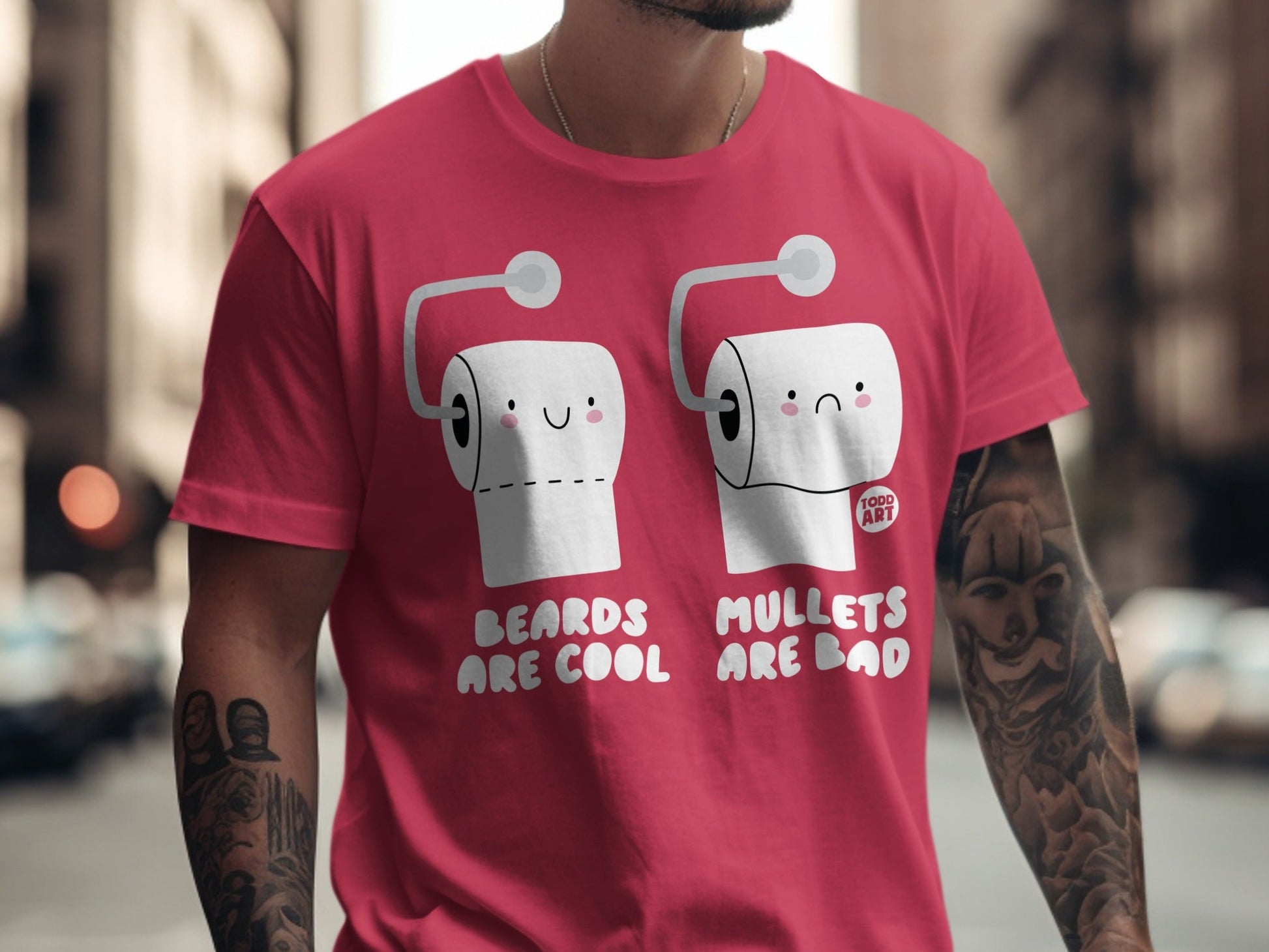 Two cartoon toilet paper rolls, one happy, one sad, with text.
