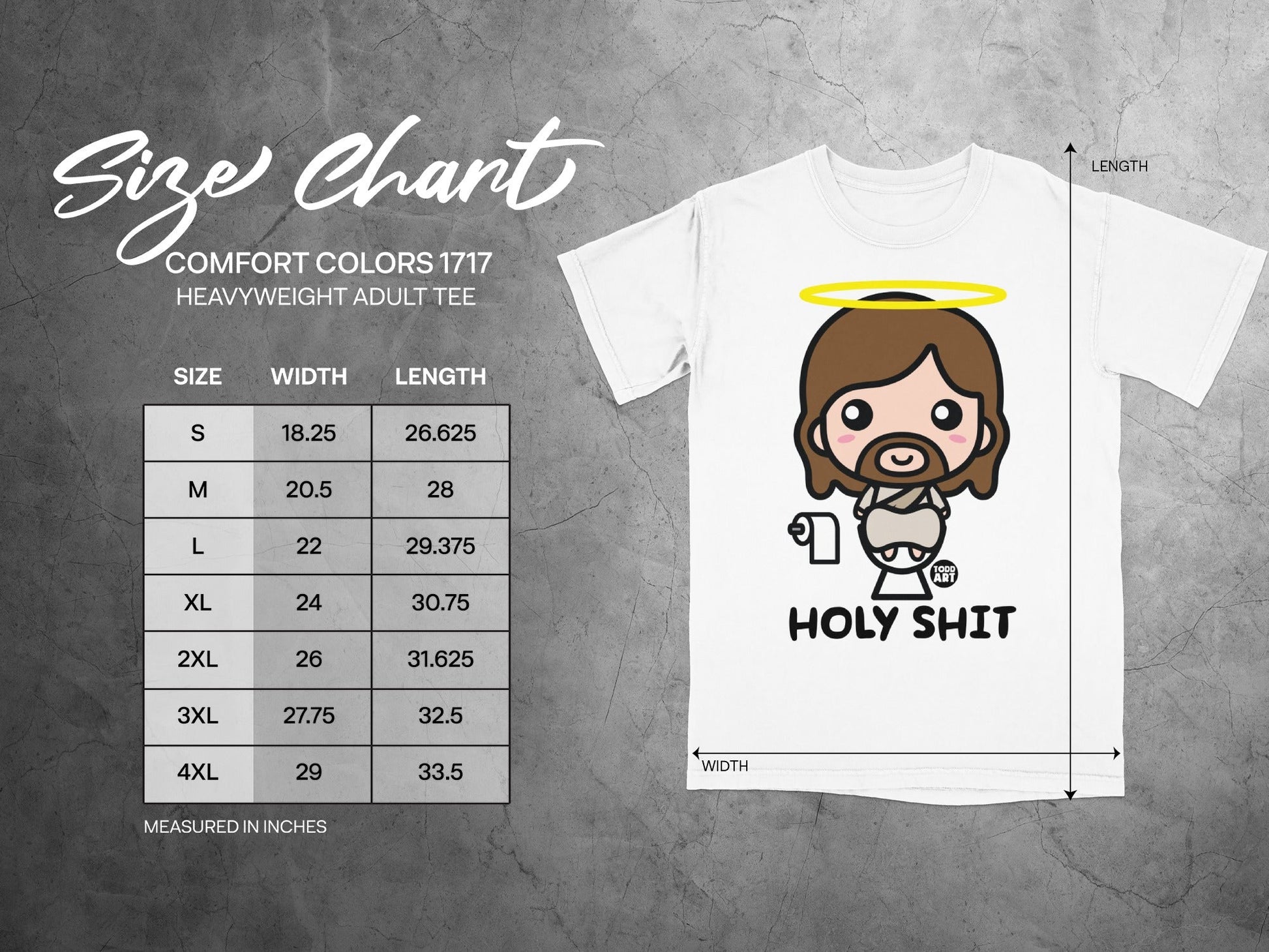 Size chart for a Comfort Colors 1717 heavyweight adult tee with "Holy Shit" graphic.