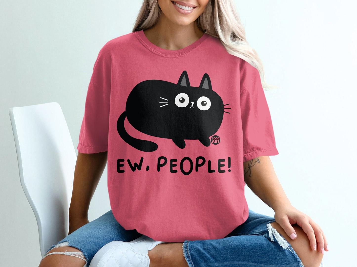 Ew People Graphic Tee with Cute Black Cat Design