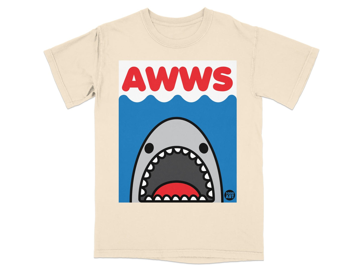 Cream t-shirt with a cartoon shark and the text "AWWS".