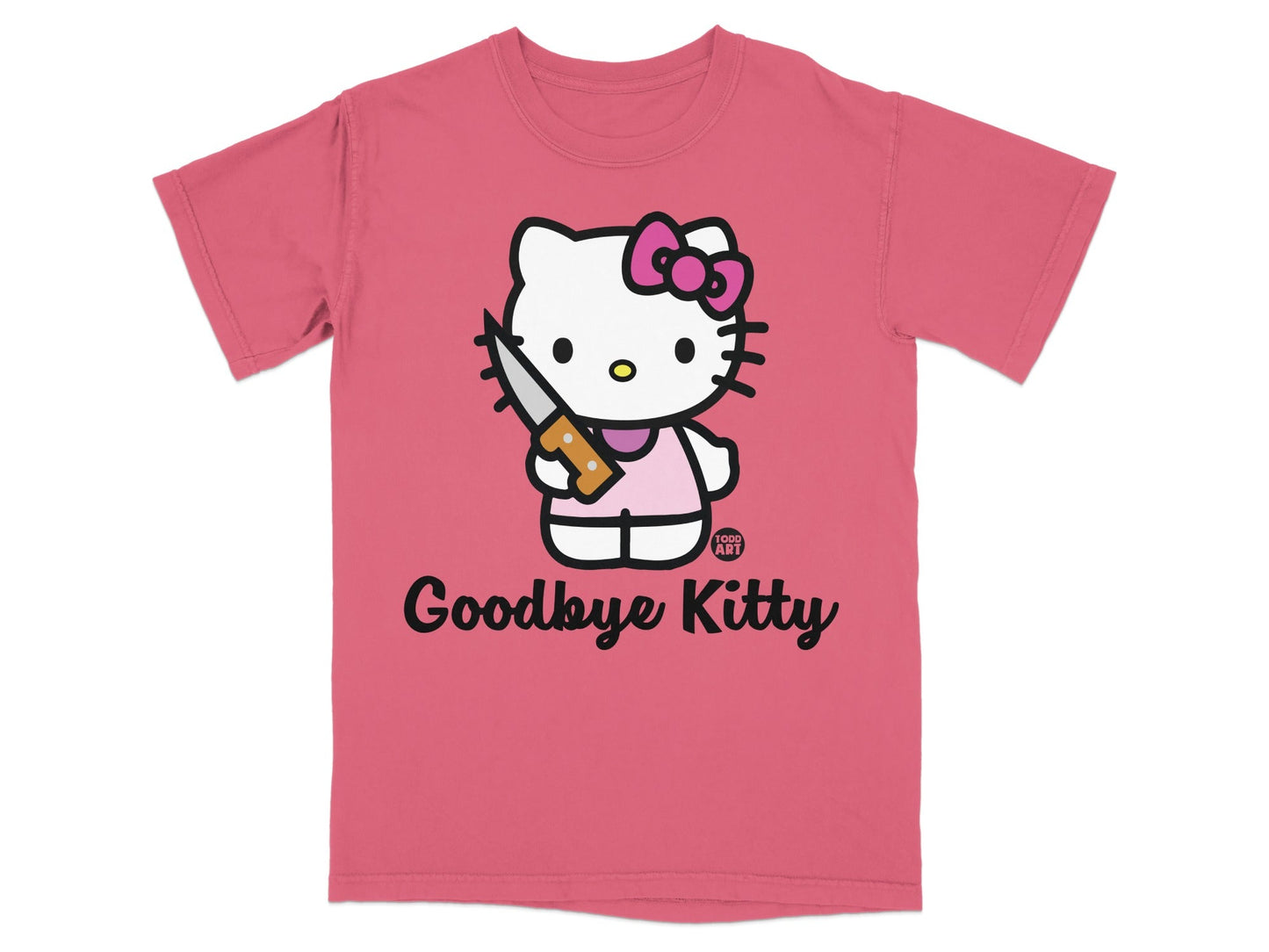 Pink t-shirt with Hello Kitty holding a knife, text reads "Goodbye Kitty".