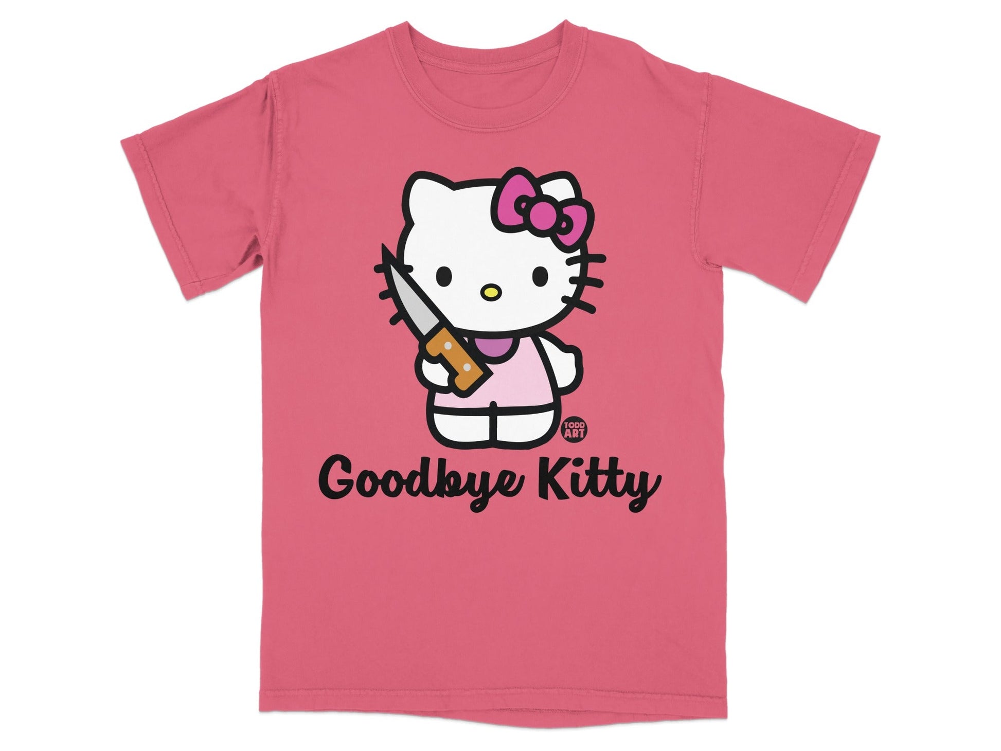 Pink t-shirt with Hello Kitty holding a knife, text reads "Goodbye Kitty".