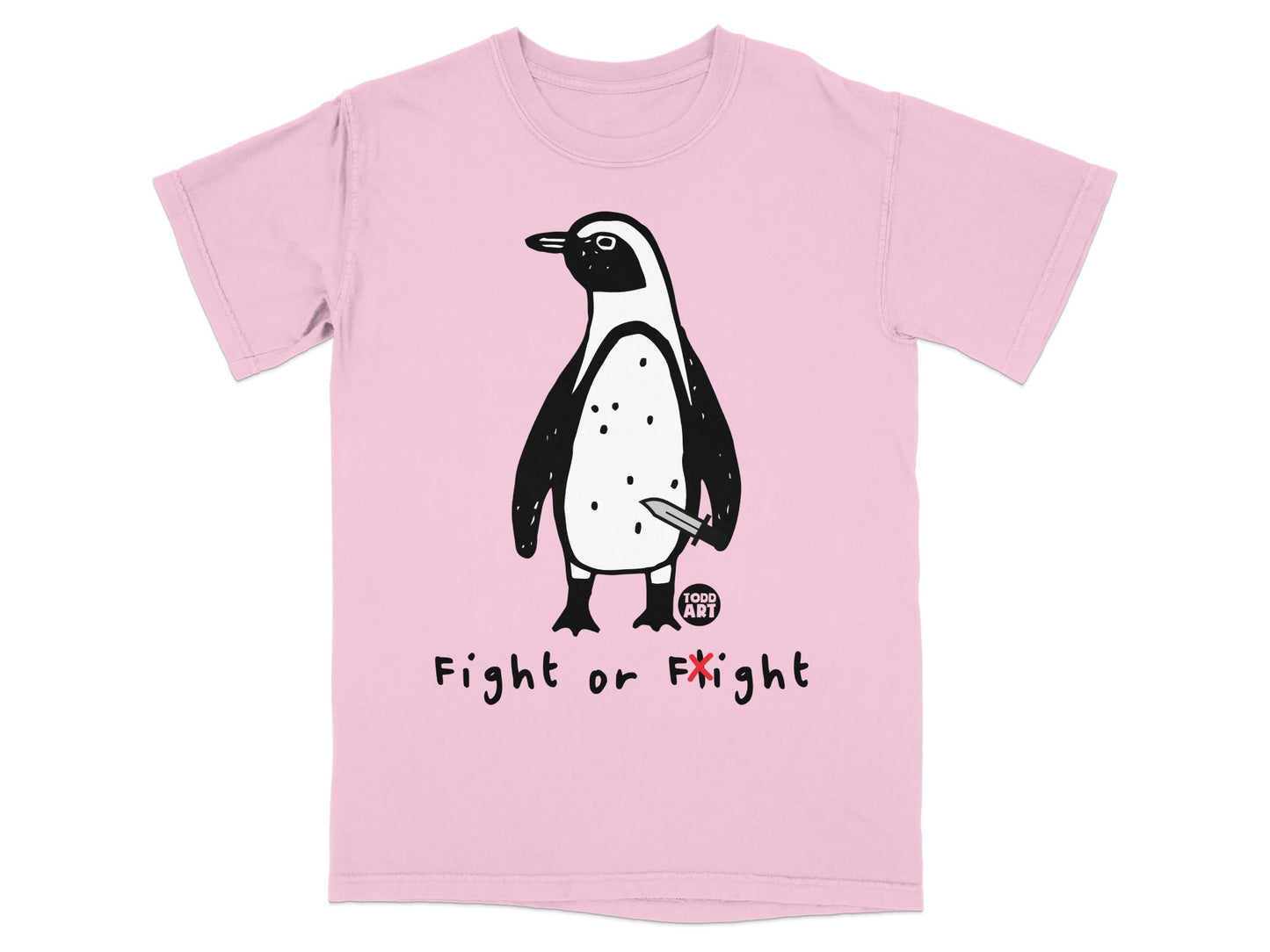 Pink t-shirt with cartoon penguin holding a small knife and text "Fight or Fright".