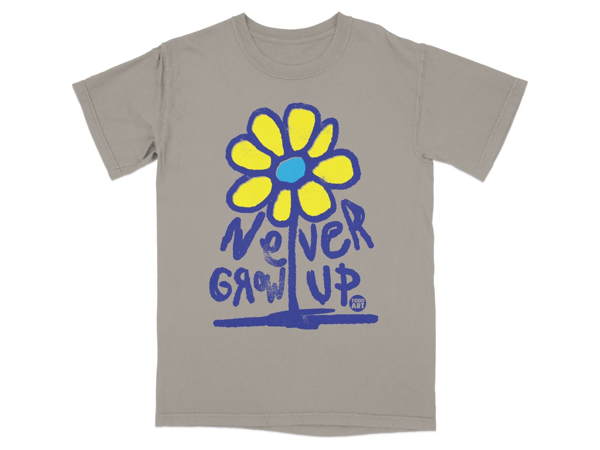 Grey t-shirt with yellow and blue "Never Grow Up" flower graphic.