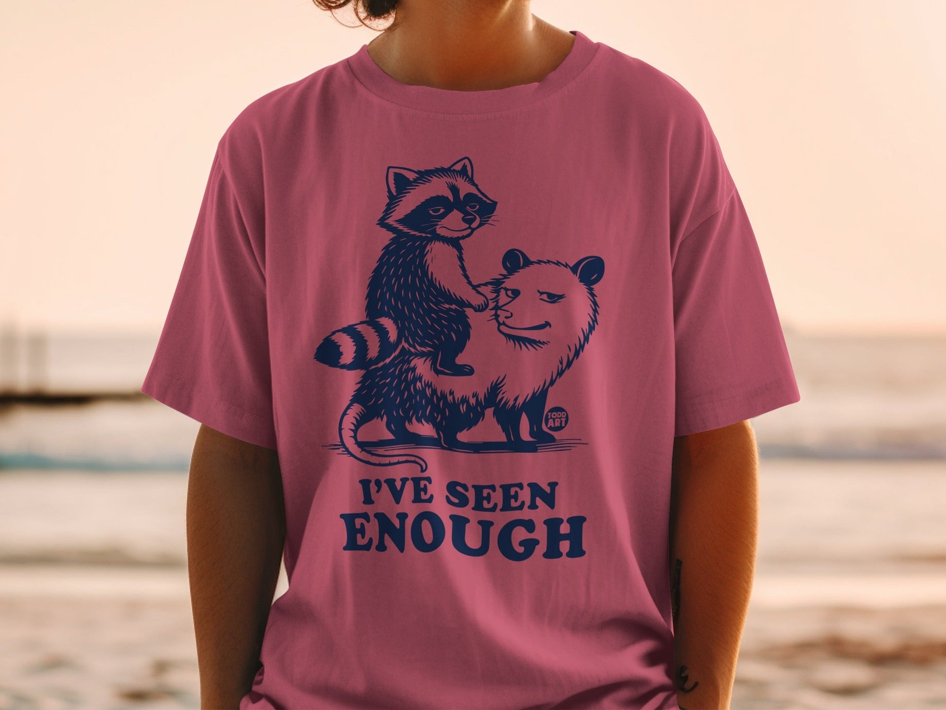 T-shirt with raccoon riding opossum and text "I'VE SEEN ENOUGH".
