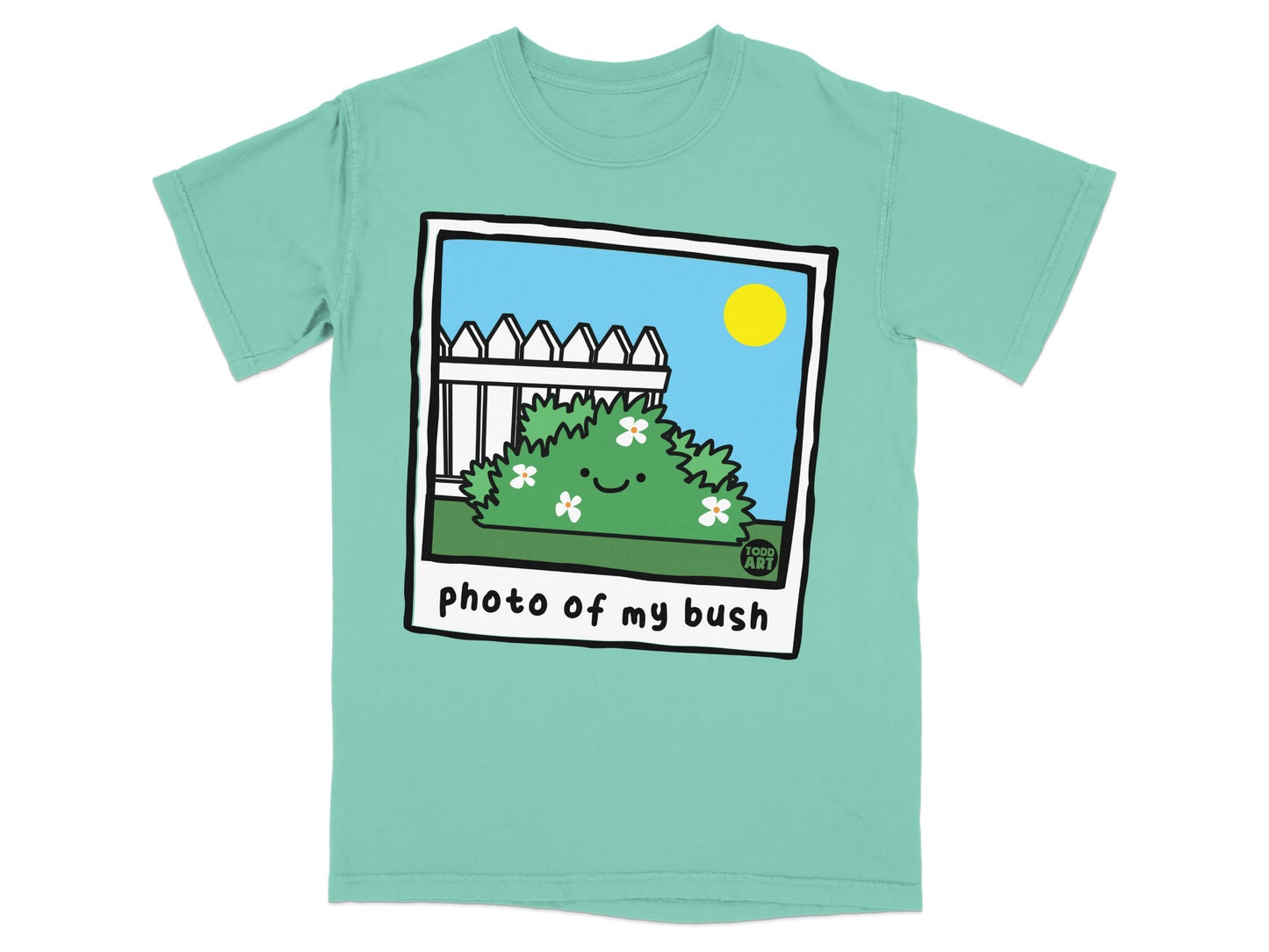 Cartoon bush with smiley faces in a polaroid frame, text "photo of my bush".