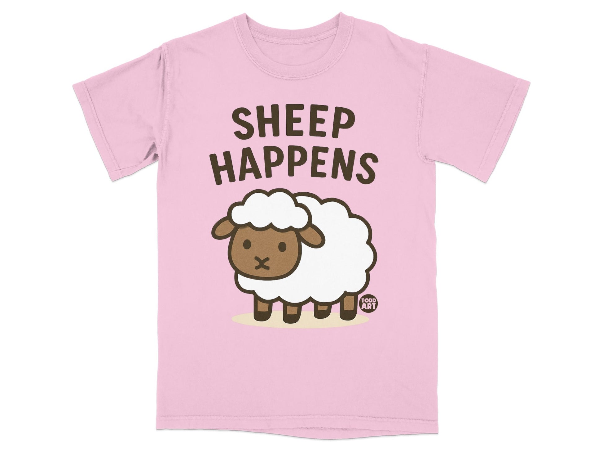 Sheep Happens Cute Cartoon Lamb Design on Pink T-shirt