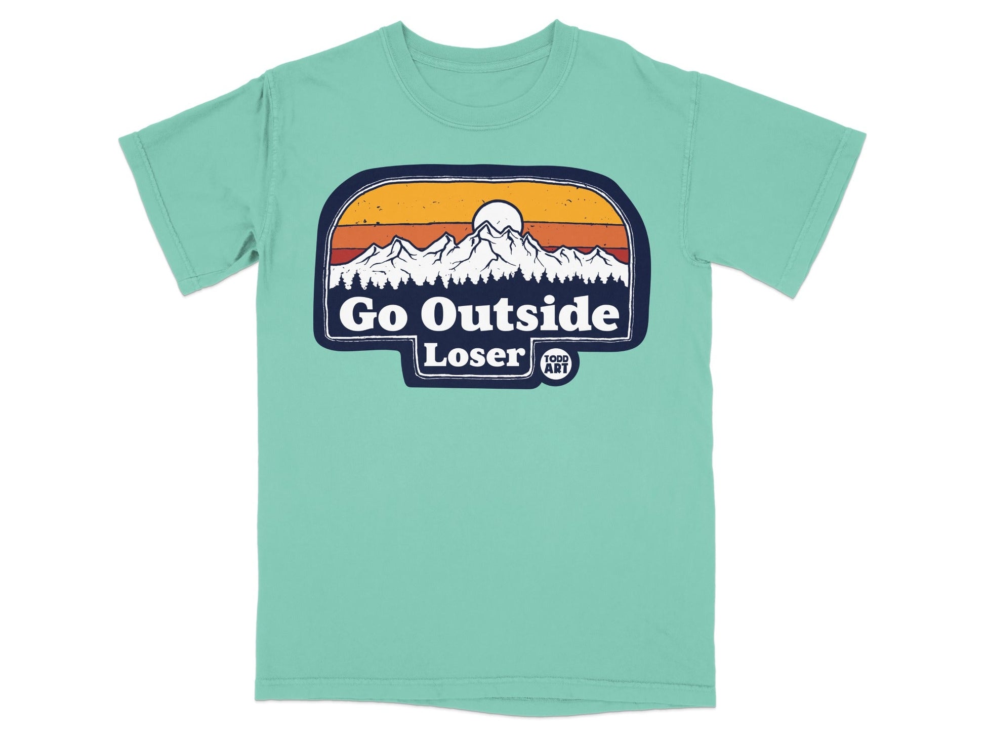 Teal t-shirt with "Go Outside Loser" mountain sunset graphic.