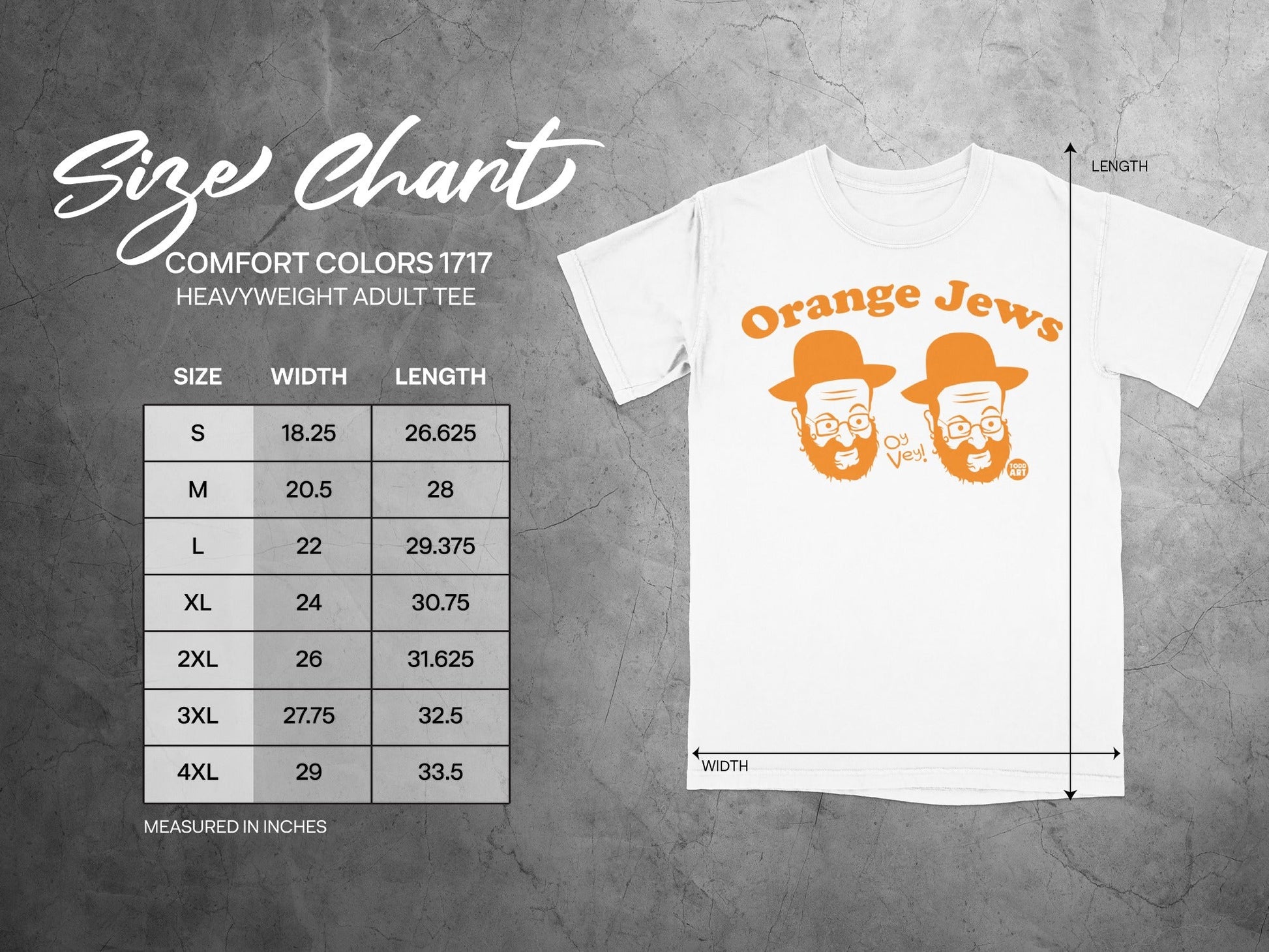 Size chart for Orange Jews heavyweight adult t-shirt with measurements in inches.