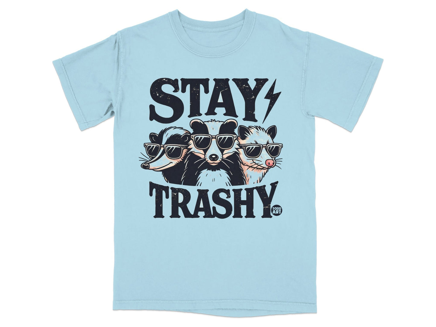 Three raccoons in sunglasses with "STAY TRASHY" text.