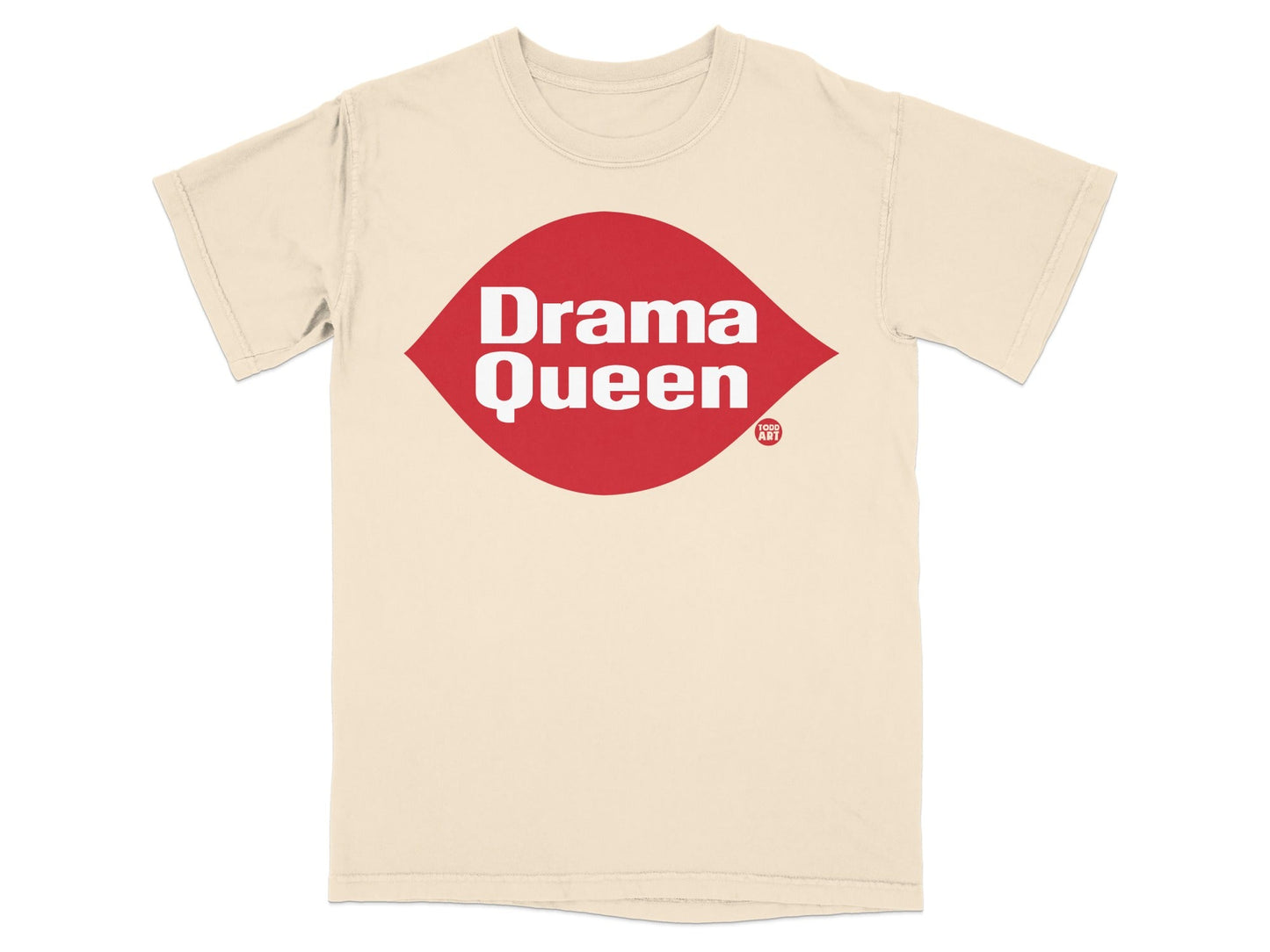 Cream t-shirt with red "Drama Queen" text and a small red logo.