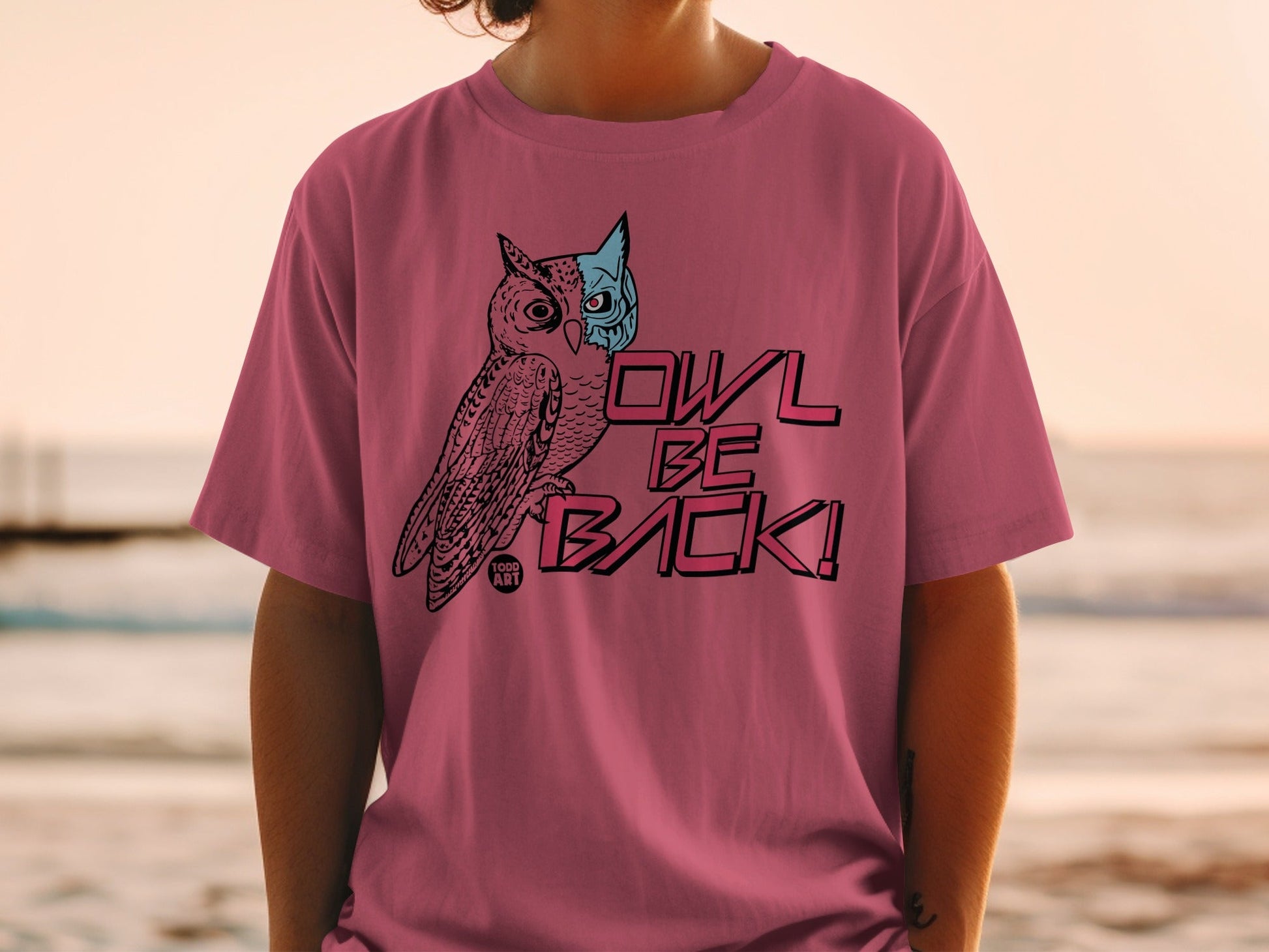T-shirt with owl graphic and text "OWL BE BACK!"