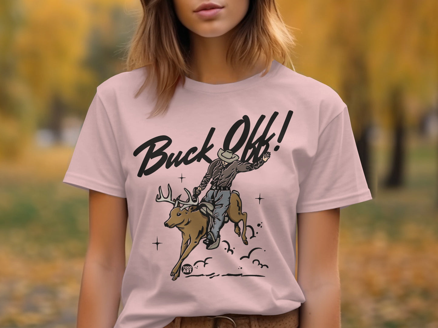 Buck Off Cowboy Riding Deer Graphic Design T-shirt