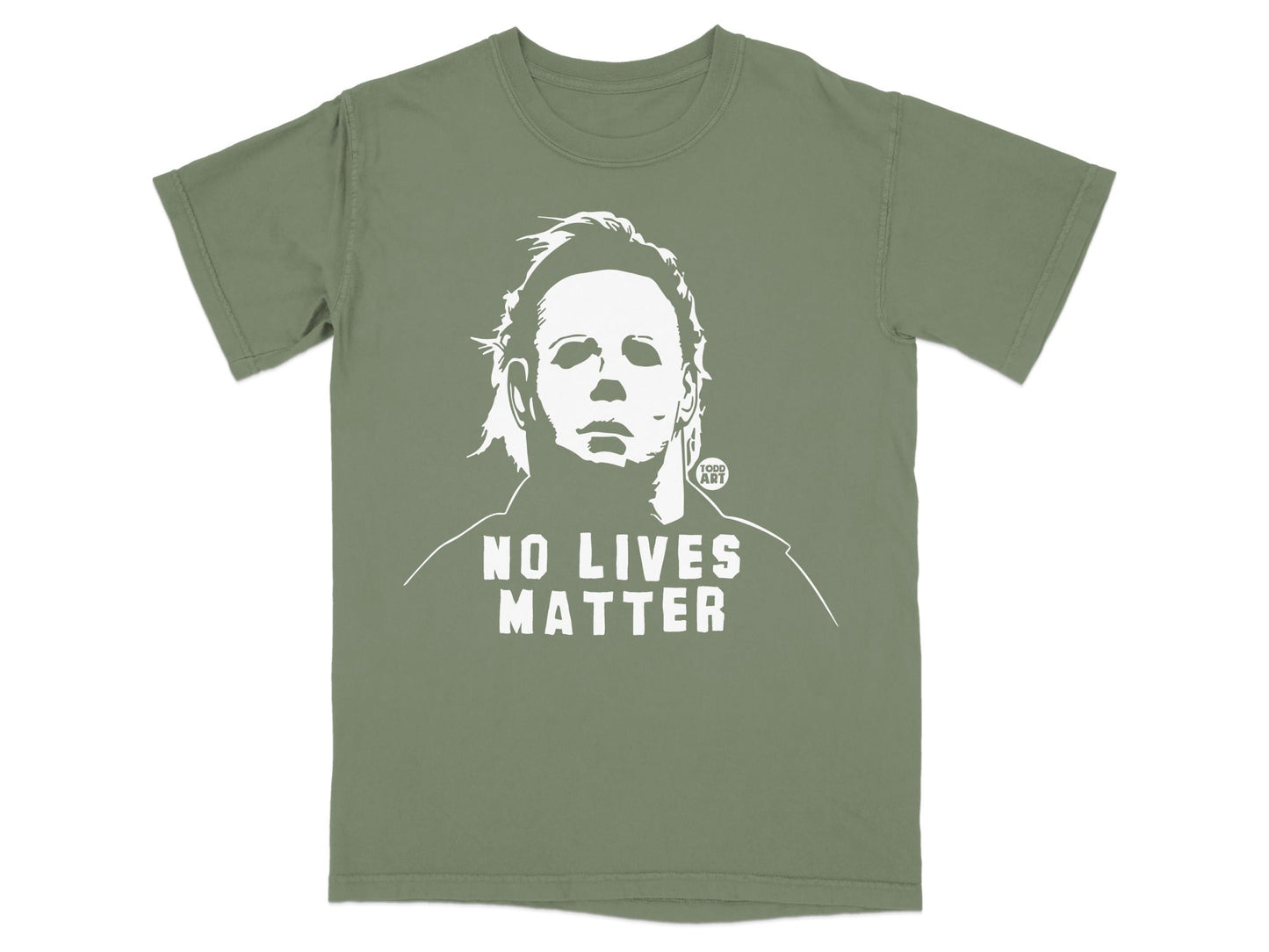 Green t-shirt with a white graphic of Michael Myers and "NO LIVES MATTER" text.