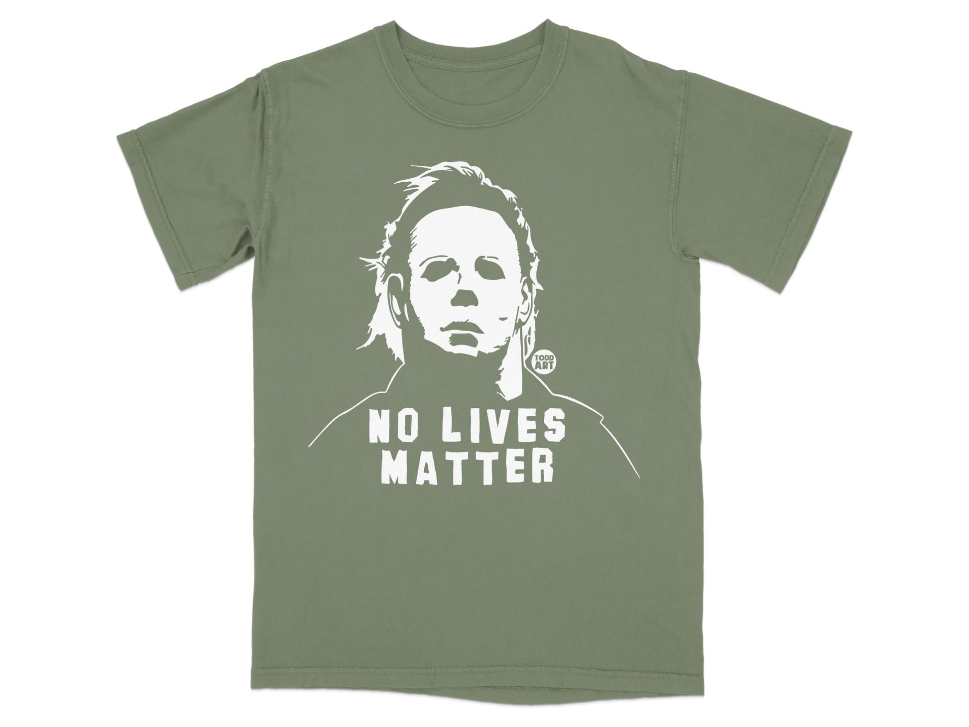Green t-shirt with a white graphic of Michael Myers and "NO LIVES MATTER" text.