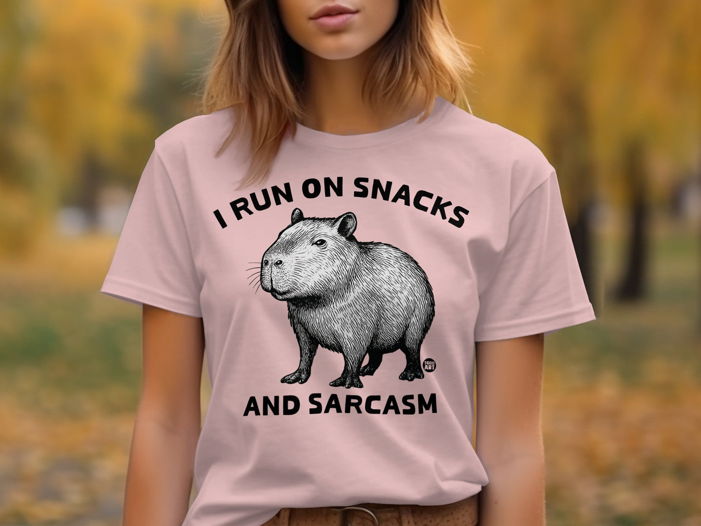 I Run on Snacks and Sarcasm Funny Capybara T-Shirt