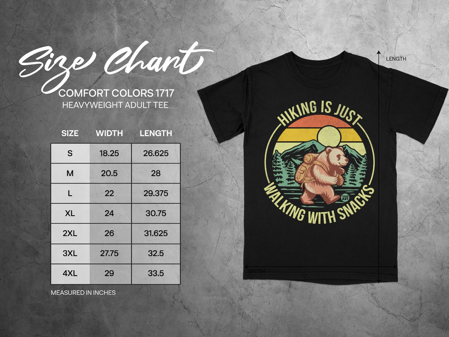 Comfort Colors 1717 heavyweight adult tee size chart with hiking bear graphic.