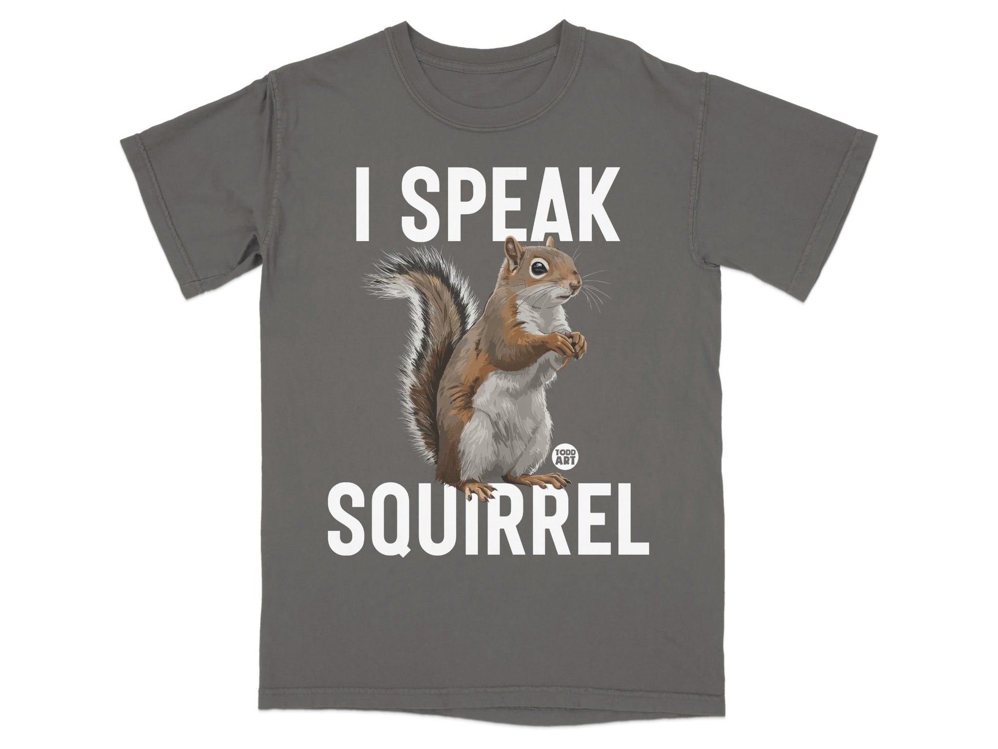 Gray t-shirt with a squirrel graphic and "I SPEAK SQUIRREL" text.