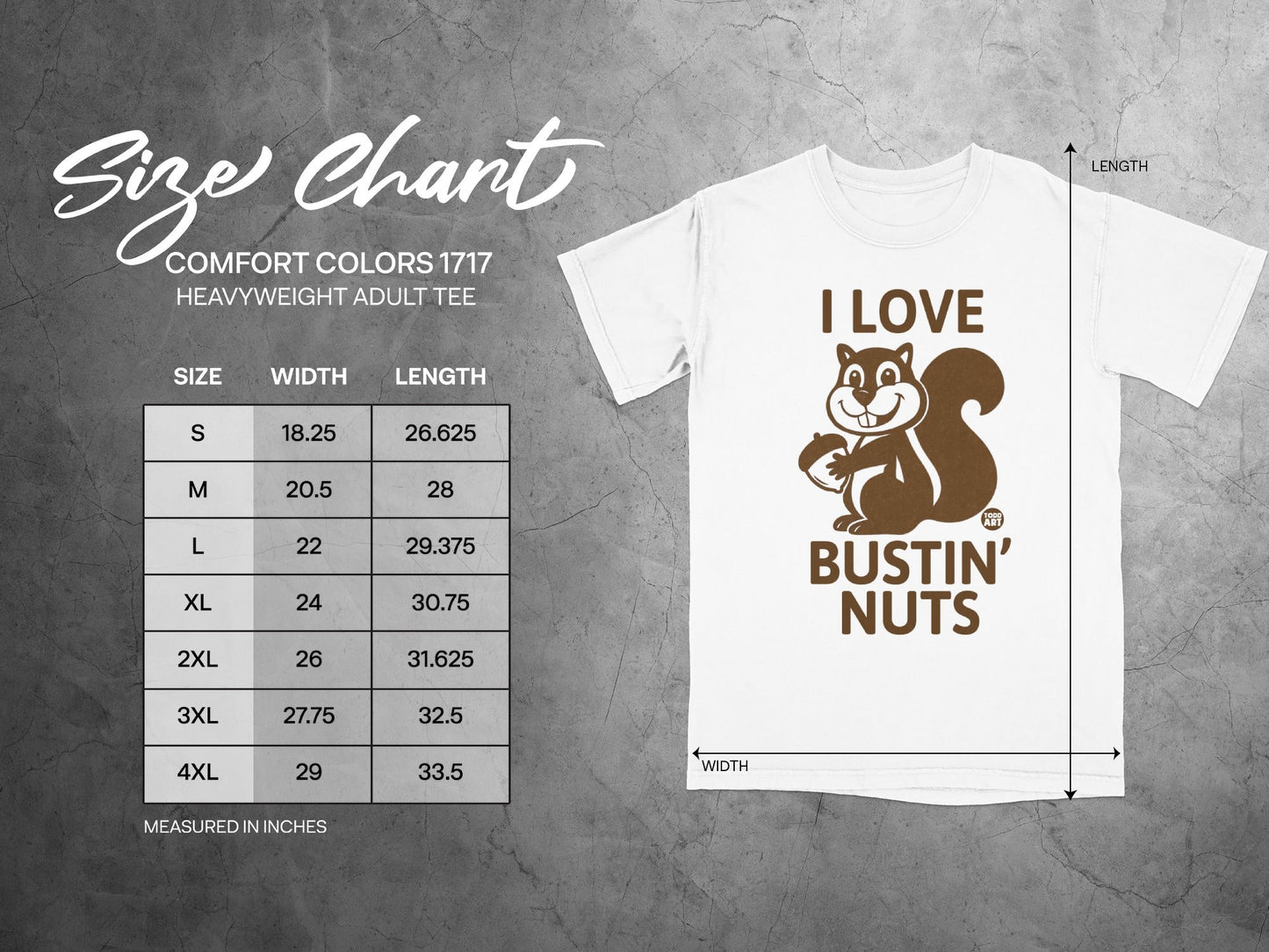 Comfort Colors 1717 size chart with chest width and length in inches.