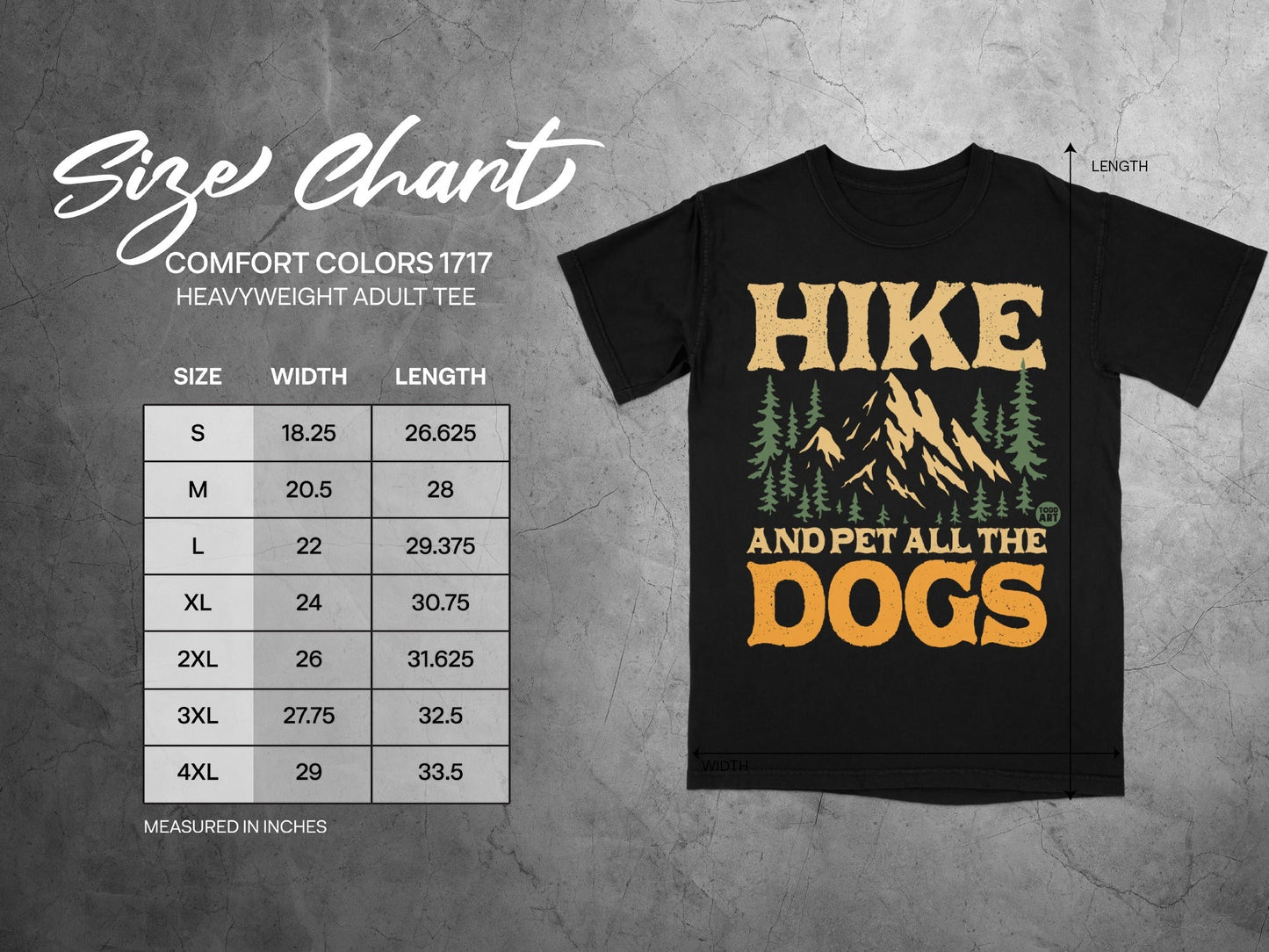 T-shirt size chart with "HIKE AND PET ALL THE DOGS" graphic.