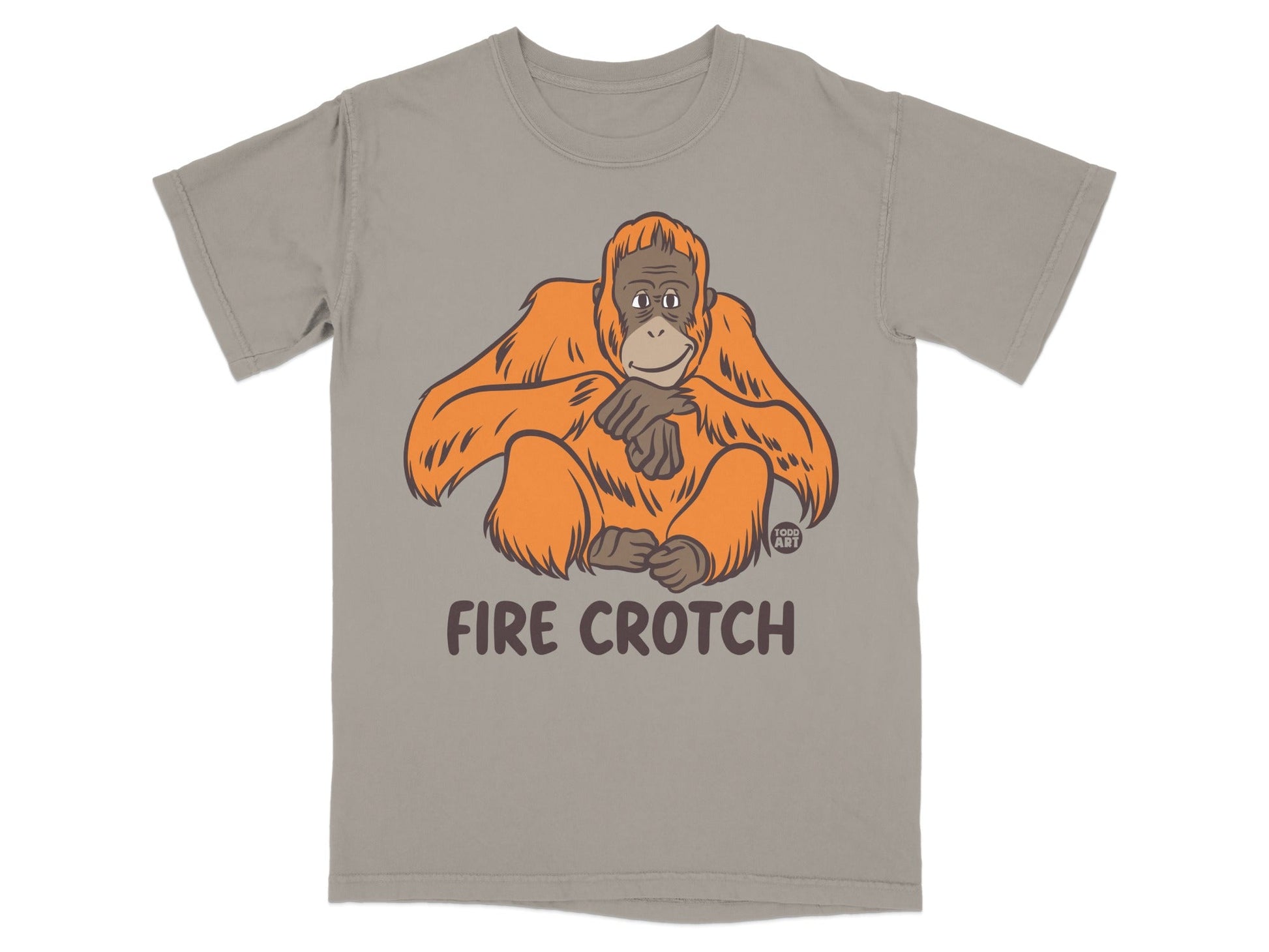 Orangutan graphic on t-shirt with "FIRE CROTCH" text.