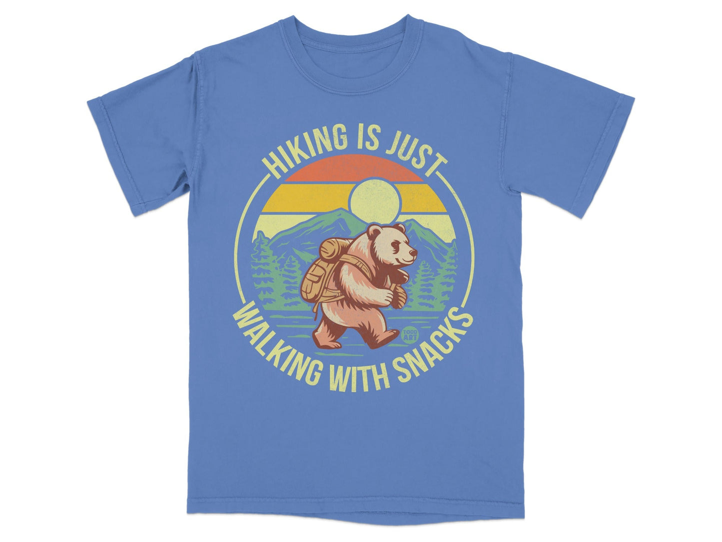 T-shirt with bear hiking in mountains, "Hiking is just walking with snacks."