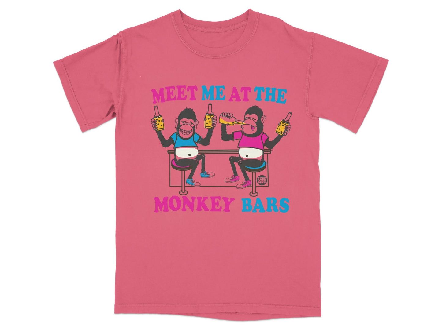Two cartoon monkeys drink from bottles in front of "MONKEY BARS" text.