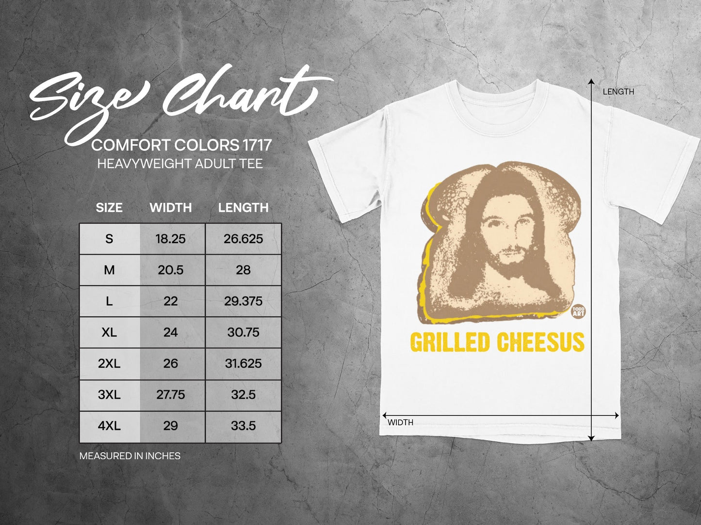 Comfort Colors 1717 heavyweight tee size chart with "Grilled Cheesus" graphic.