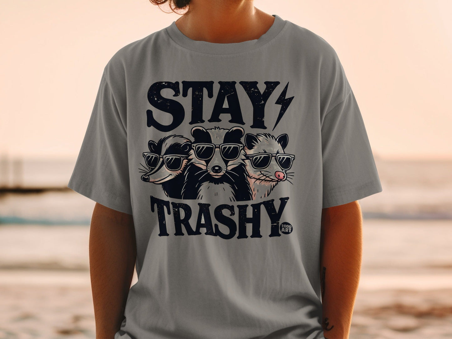 "Stay Trashy" text and three cartoon raccoons wearing sunglasses on a grey t-shirt.