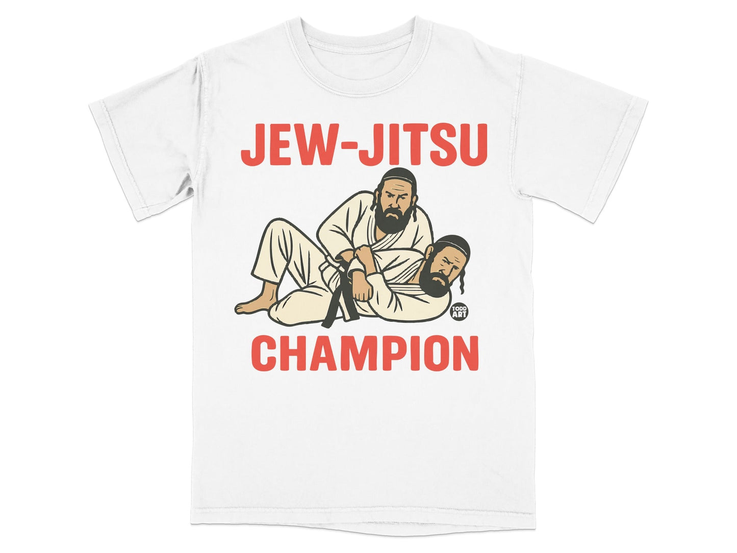 Two men in judo uniforms grappling, with "JEW-JITSU CHAMPION" text.