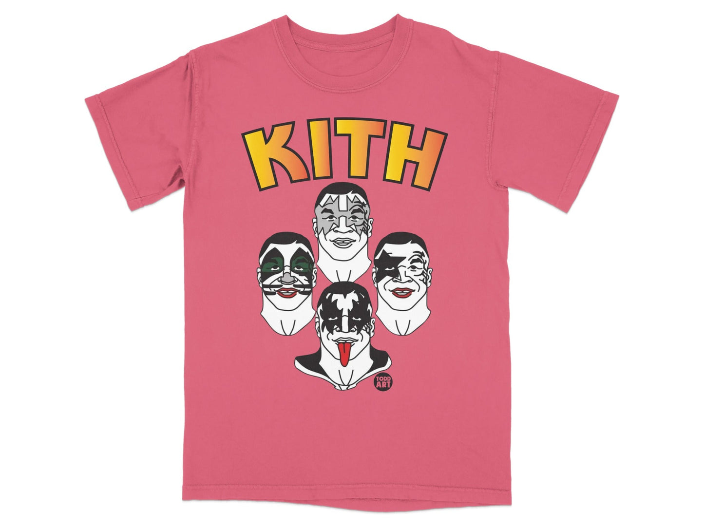 Kith t-shirt featuring four KISS band members' faces in cartoon style.
