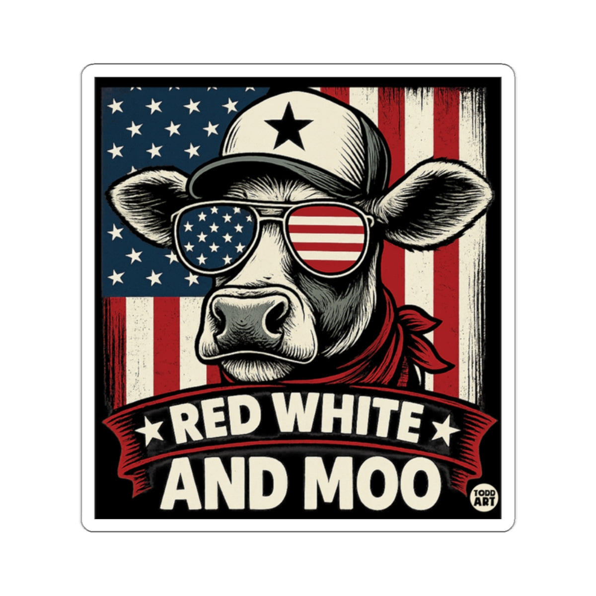 Patriotic Red White and Moo American Flag Cow Sticker